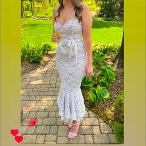 V. Chapman Naomi Stretch Lace Corset Flounce-Hem Midi Dress